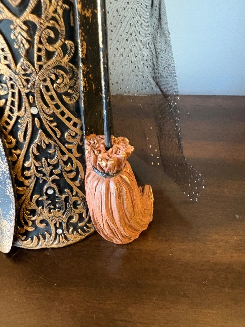 Bella Lux Halloween Witch Figurine Statue Black Gold Damask Dress Cauldron Broom